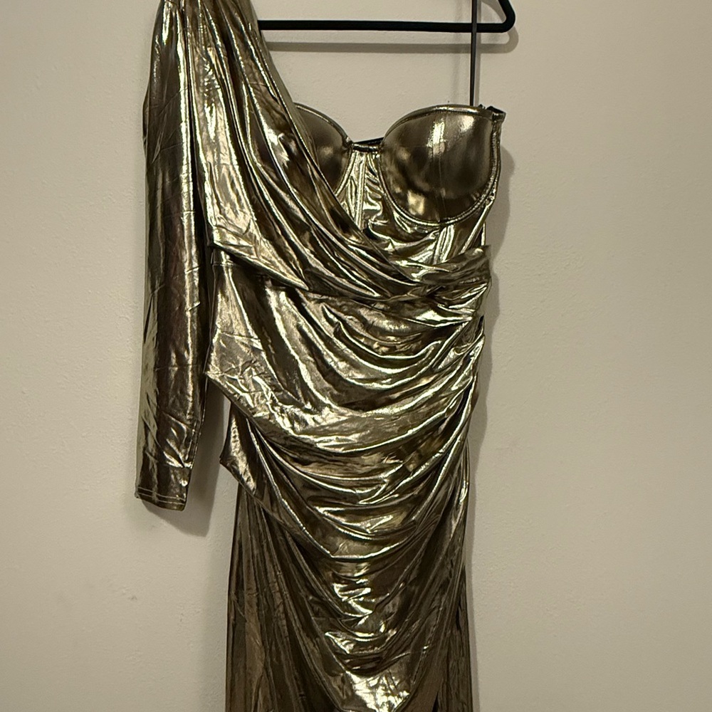 Silver Asymmetrical Ruched Gown with Slit for Cocktail - Picture 6 of 13